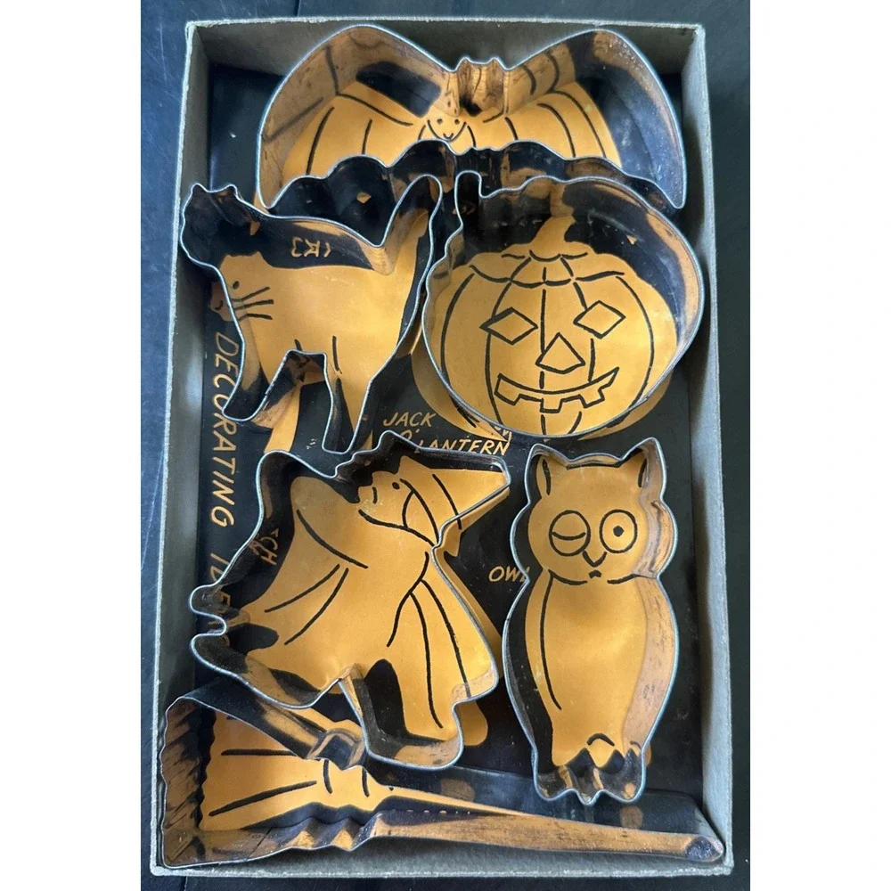 Vintage Trick or Treat Set of 6 Metal Halloween Cooky Cookie Cutters with Box